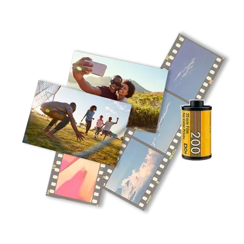 En rulle Kodak-film ligger ved siden af en collage af billeder.