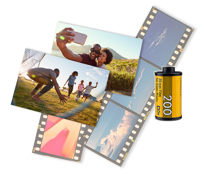 En collage af fotos og en rulle Kodak-film.