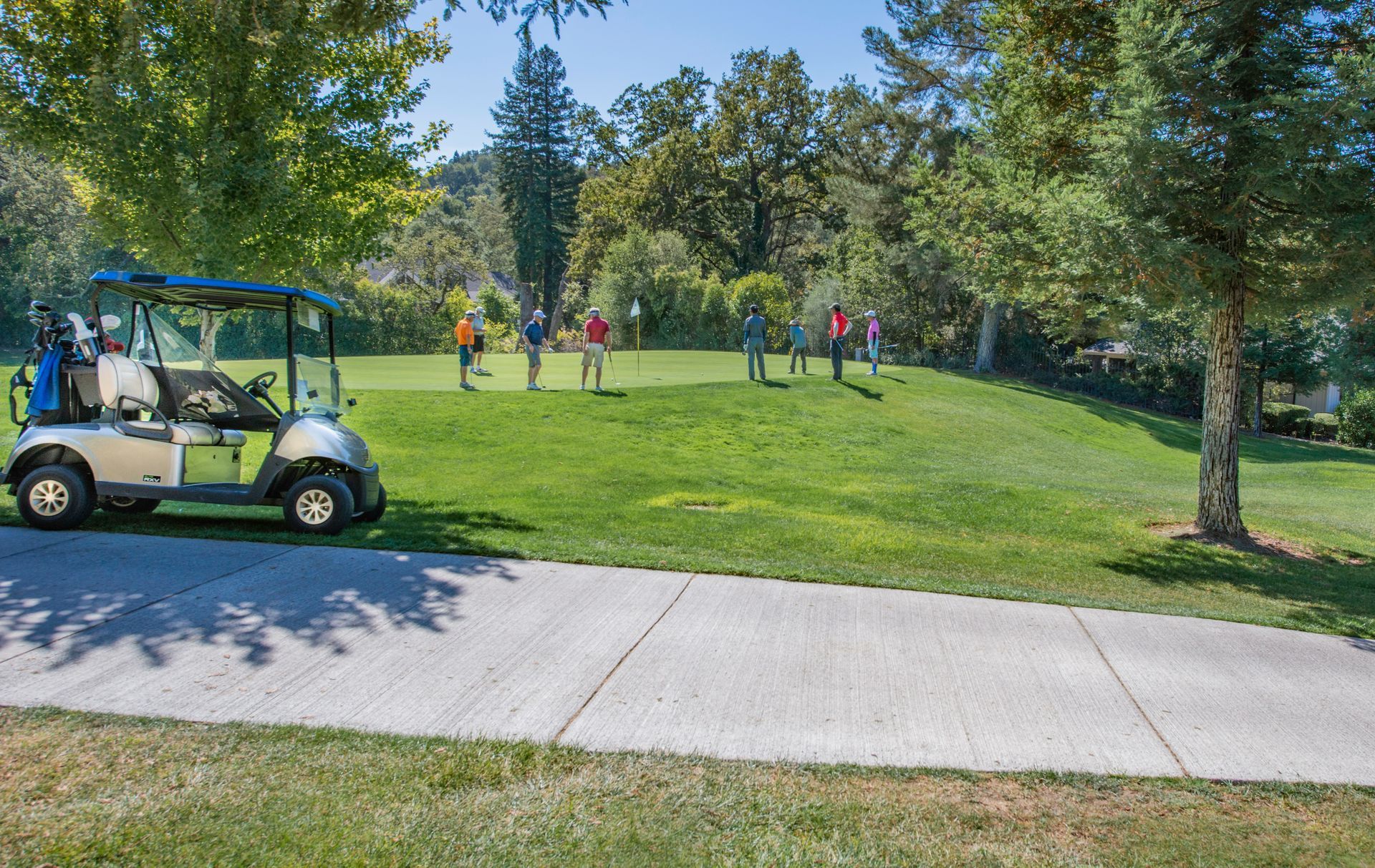 A woman is swinging a golf club on a golf course.