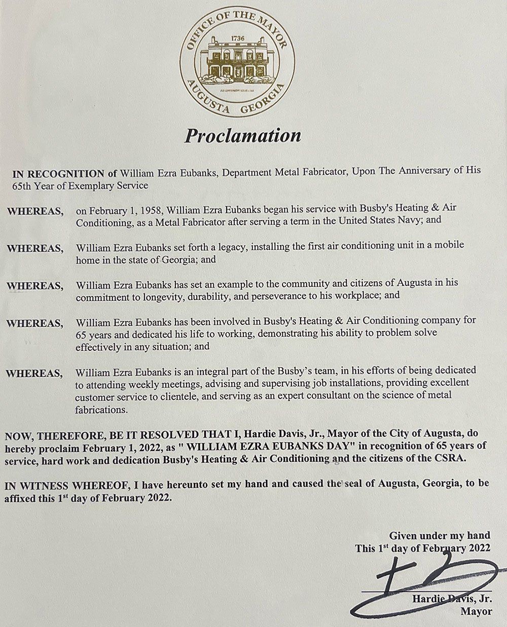 Office of the Mayor of Augusta Proclamation