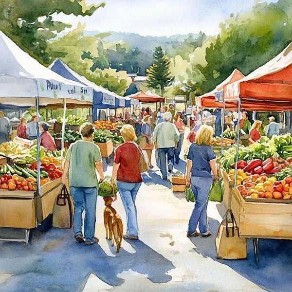 Outdoor farmers market with shoppers browsing colorful produce under white and orange tents