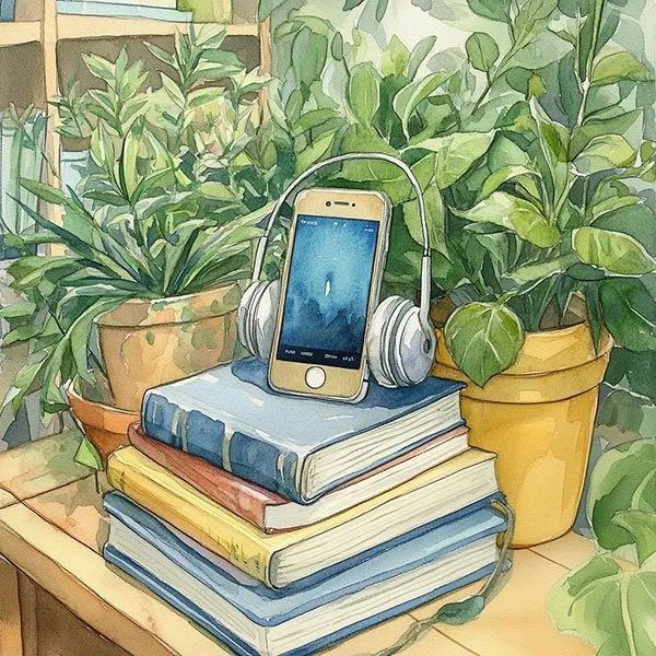 Smartphone with headphones atop stacked books, surrounded by lush green potted plants.
