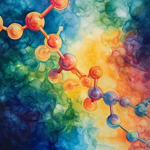 Colorful molecular chain illustration on a blue, green, and orange abstract background