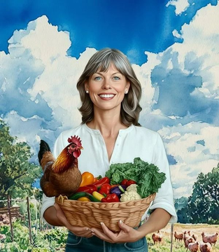 Woman holding a basket of vegetables and a chicken in a garden with flowers and cloudy sky.