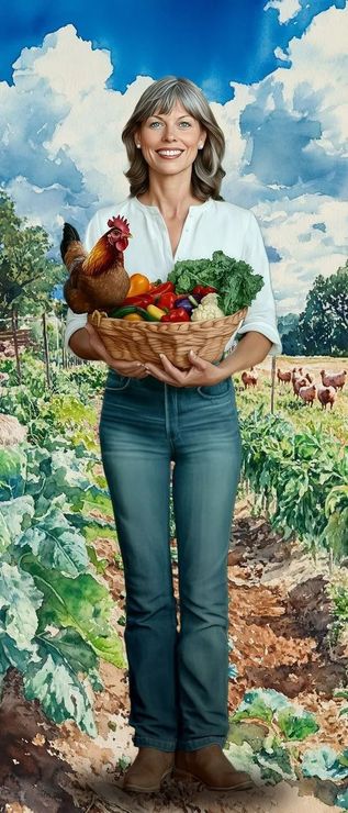 Woman holding a basket of vegetables and a chicken in a garden with flowers and cloudy sky.