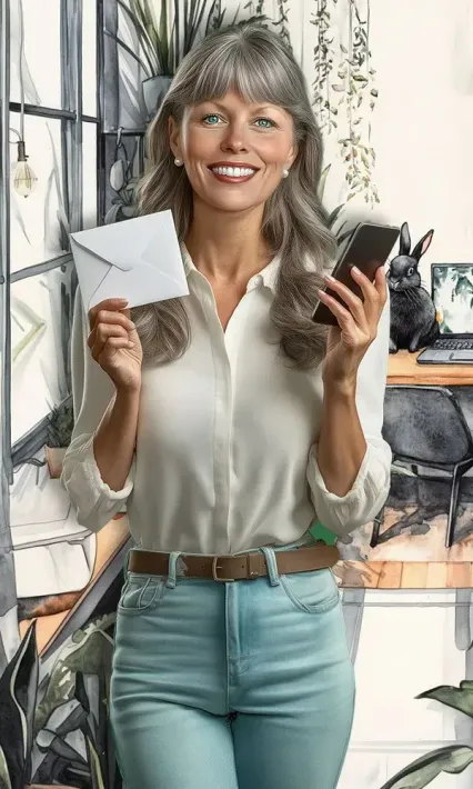 Smiling woman in a bright room holding an envelope and black notebook, standing by a window.