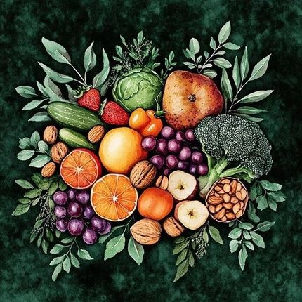 Assorted fruits and vegetables arranged in a colorful still life on a dark green background