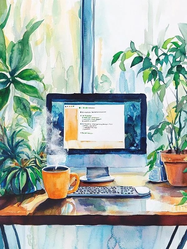 Watercolor desk scene with laptop, coffee mug, keyboard, and lush potted plants by a window.