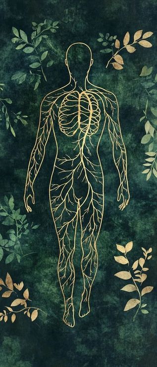 Golden leafy human outline on a dark green textured background with small branches in the corners