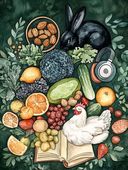 Rabbit with fruits, vegetables, nuts, and a chicken around an open book on a dark background