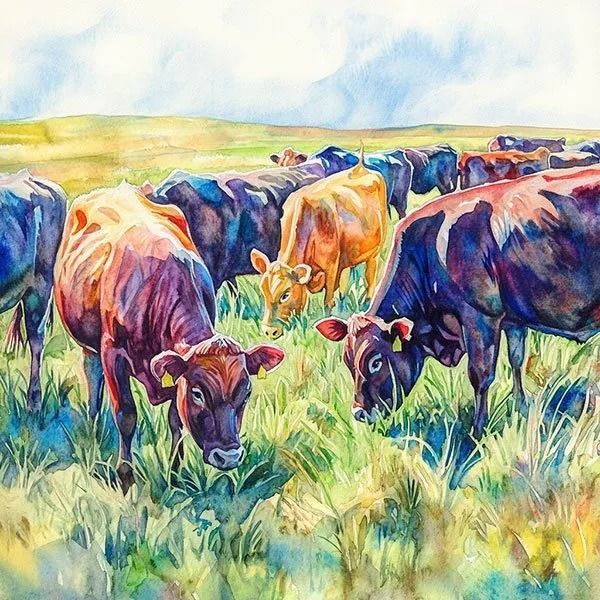 Watercolor-style cows grazing in a green pasture under a bright sky