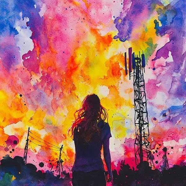 Silhouetted figure facing a vivid watercolor sky with a cell tower and power lines at sunset