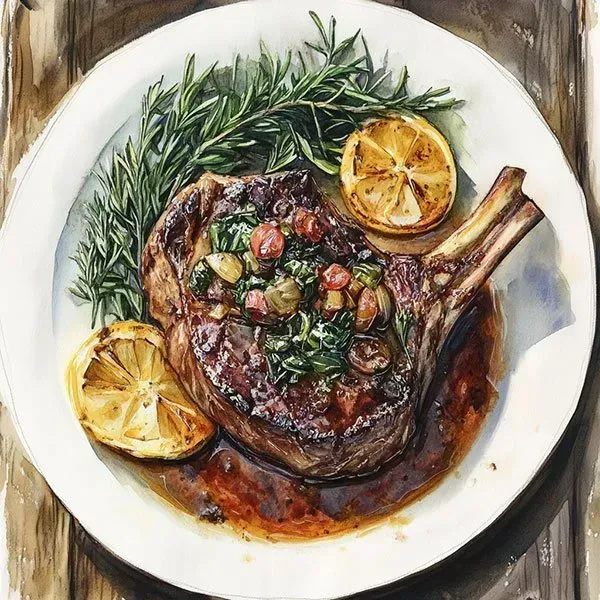 Plated roasted lamb chop with herbs, berries, and lemon slices on a white dish