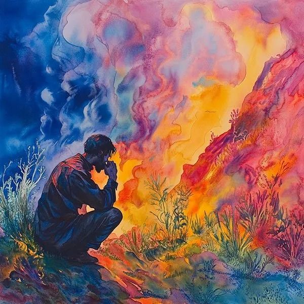 Person crouching in a grassy field beside a vivid blue, orange, and pink fire-like landscape