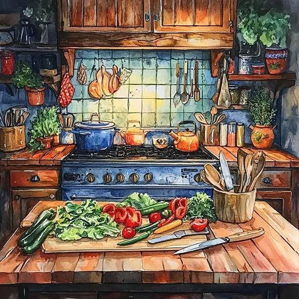 Cozy rustic kitchen with blue stove, hanging herbs, and a wooden prep table of fresh vegetables and knife.
