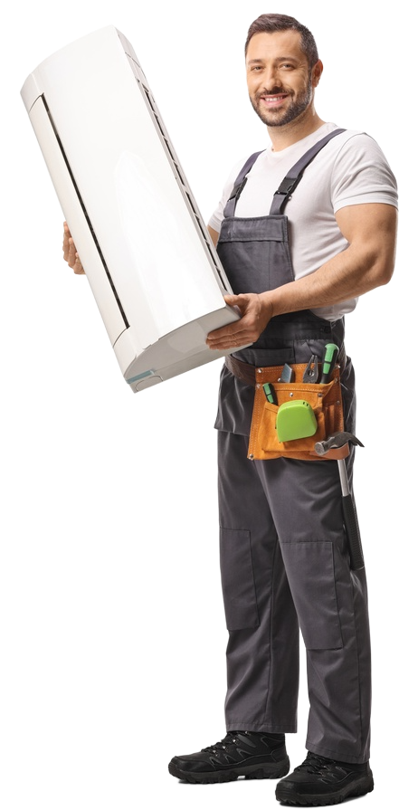 Technician in gray overalls carrying a large white appliance and wearing a tool belt