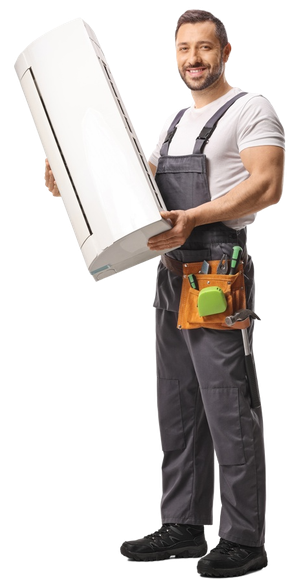 Technician in gray overalls carrying a large white appliance and wearing a tool belt