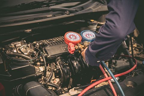 A mechanic is working on the engine of a car.