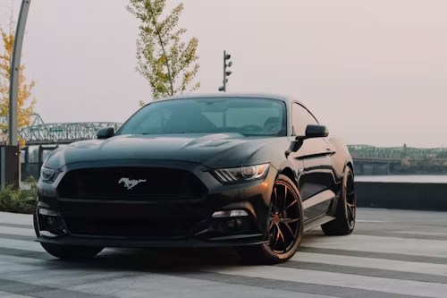 Black Ford Mustang parked outdoors, golden hour lighting.