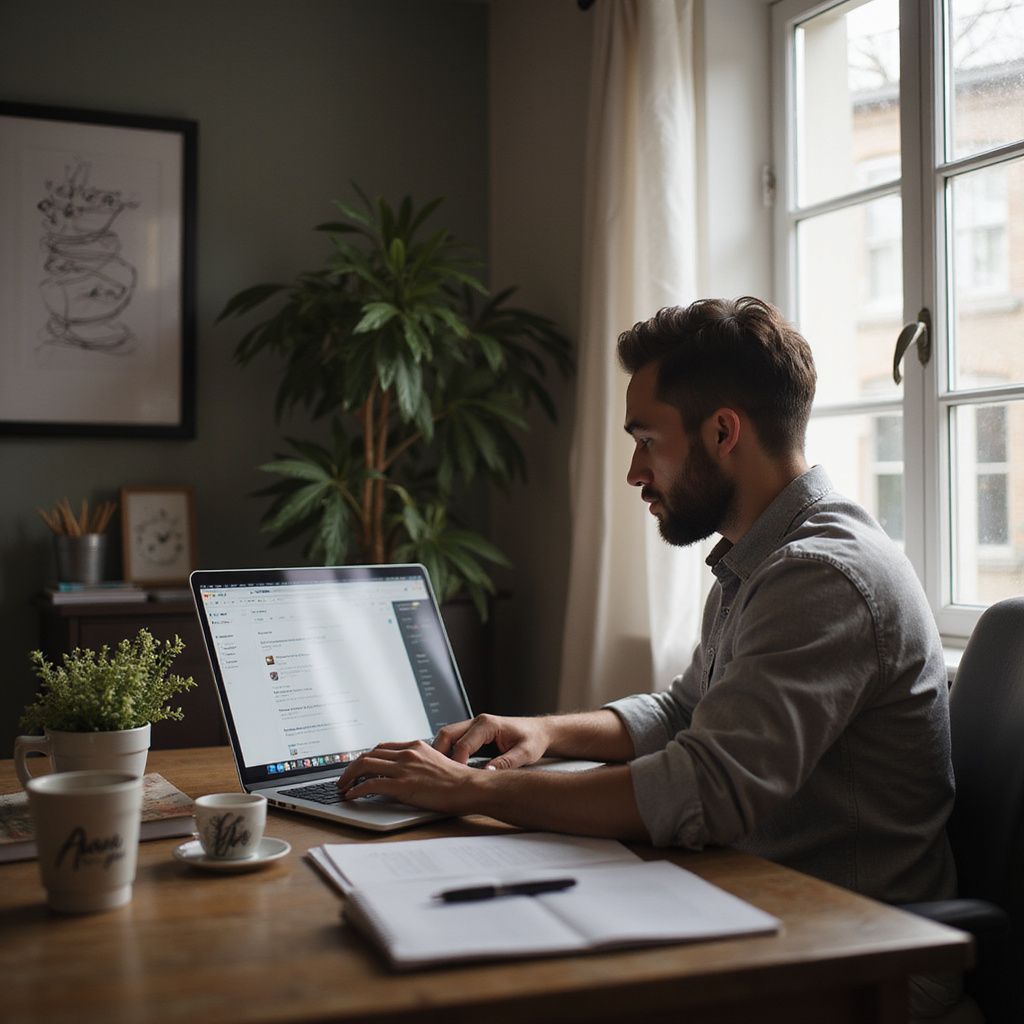 Man working on a laptop at a wooden desk by a window, notepad, and coffee nearby.