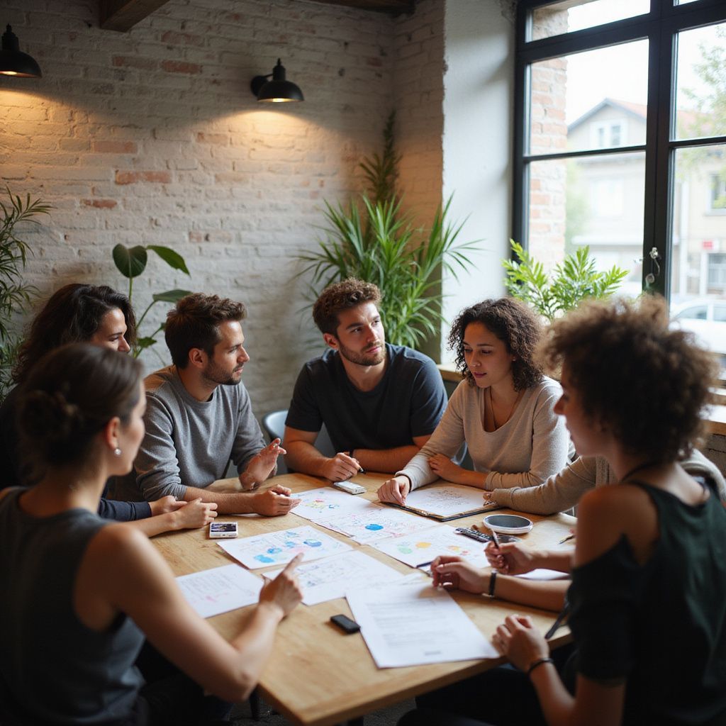 Group of people in a meeting around a table, looking at papers. Sunlight streams through a window.