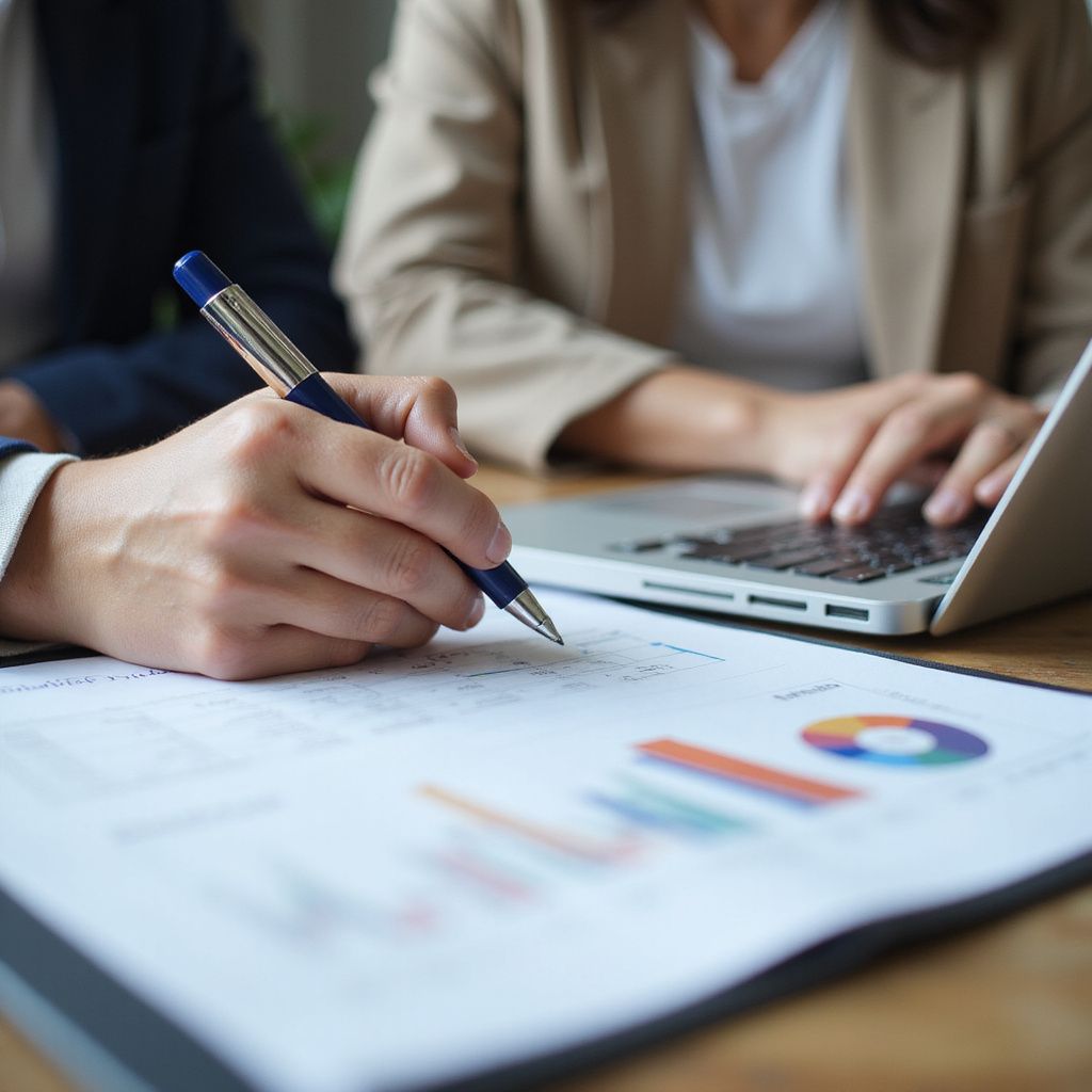 Person writing on a chart with a pen while another person works on a laptop at a table.