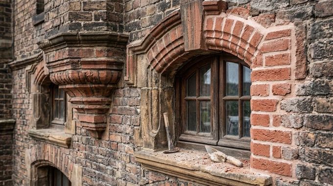 Old brick building facade with arched windows and weathered stone details
