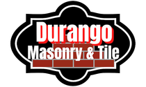 Durango Masonry & Tile logo in red and white on a black sign-shaped background
