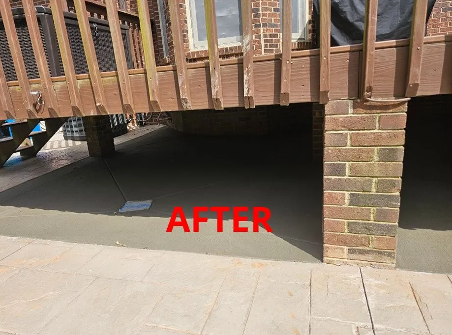 A picture of a deck under a house with the word after written on it.