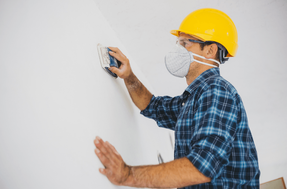Photo of a man sanding new drywall area.