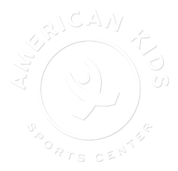 A white logo for the american kids sports center.