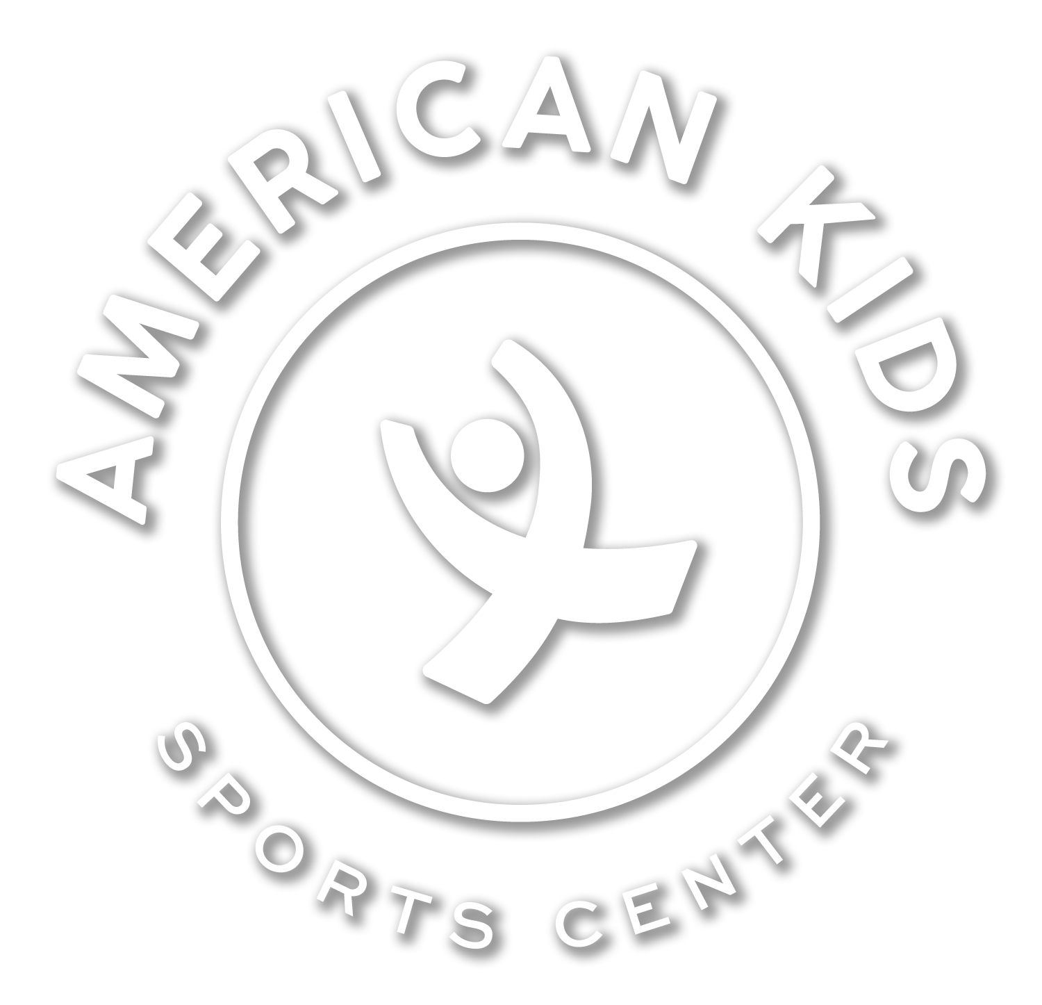 A white logo for american kids sports center with a person in a circle.