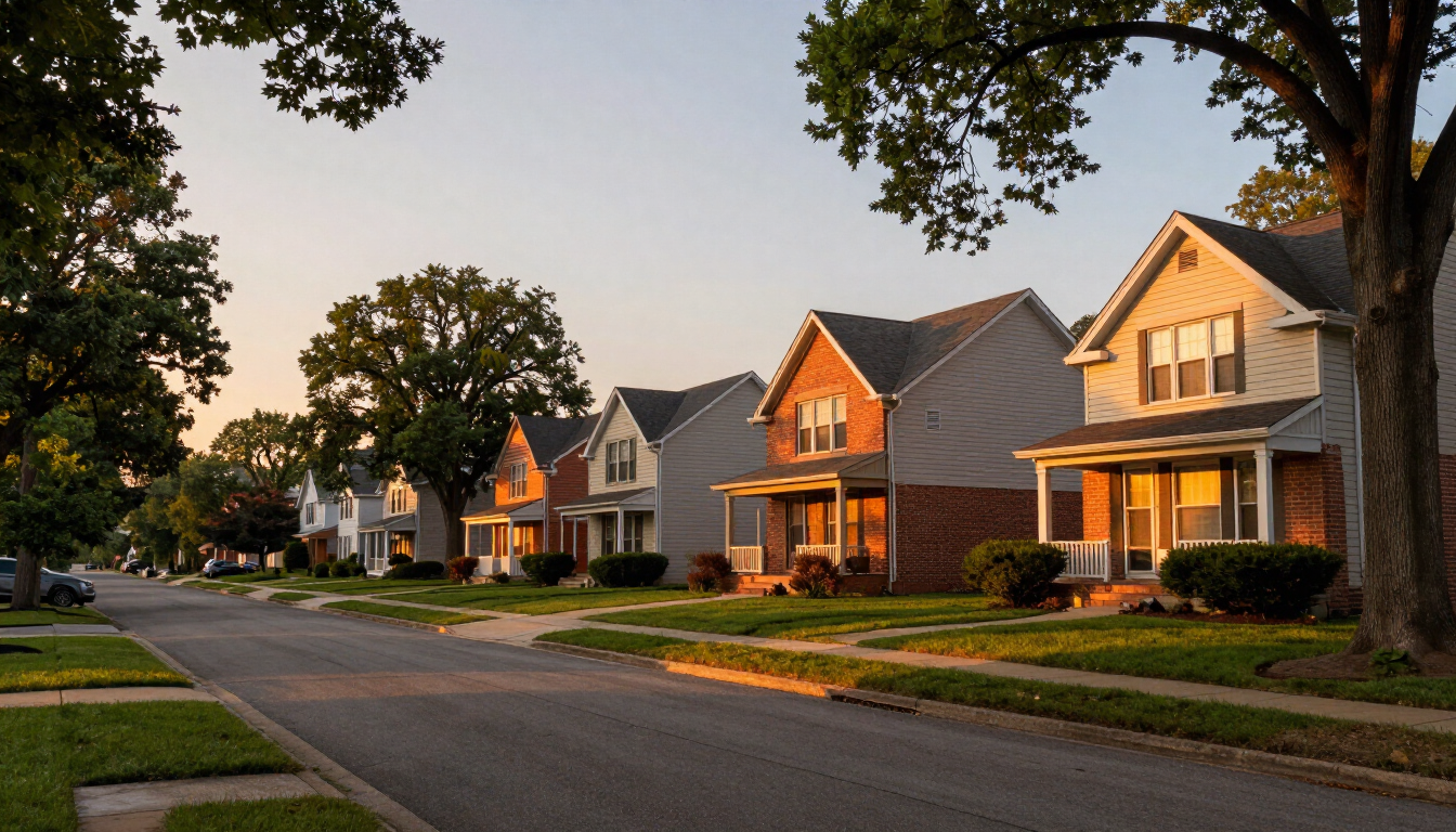 Tree-lined residential street in Bloomington-Normal, Illinois at early evening
