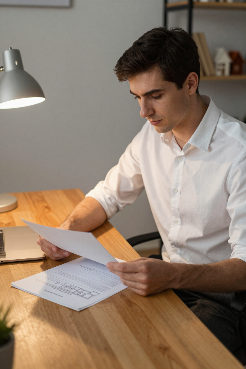 Property manager reviewing an owner's property file at a desk