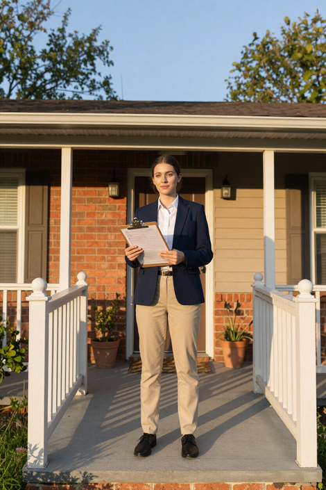 Property manager reviewing an inspection checklist on a porch