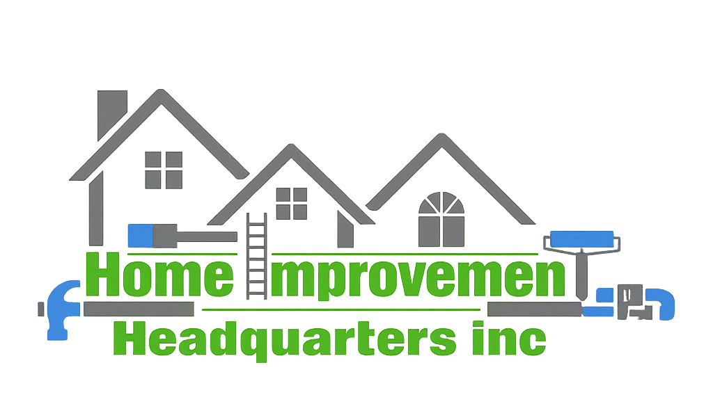 Logo for Home Improvement Headquarters Inc with stylized gray houses and green text