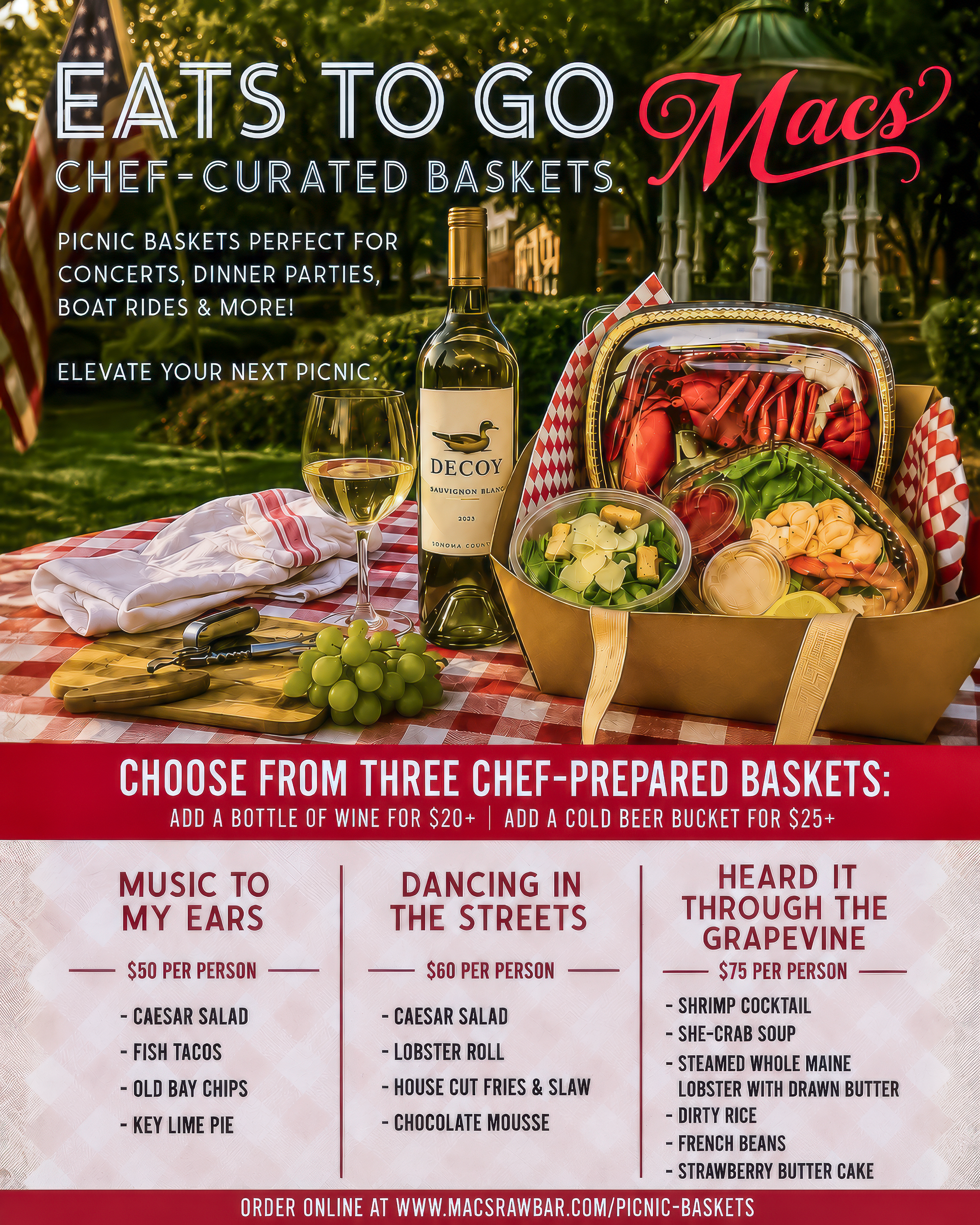 A picnic basket with food and a bottle of champagne