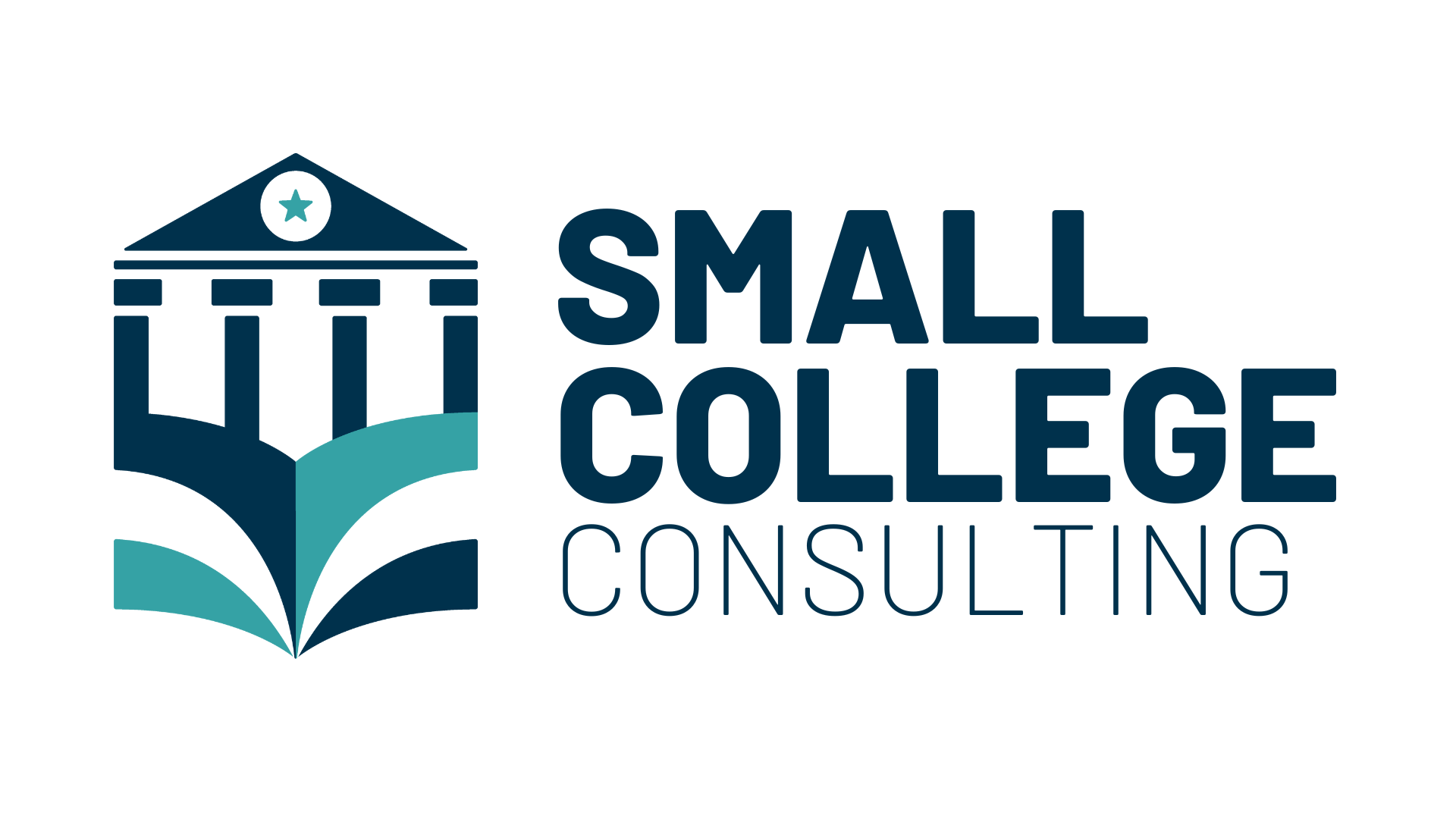 Logo for Small College Consulting: Blue and teal illustration of a building above an open book, with company name.