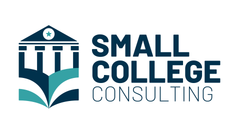 Logo for Small College Consulting: Blue and teal illustration of a building above an open book, with company name.