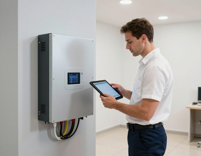 Tecnico con tablet controlla inverter solare