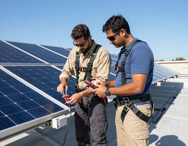 Tecnici verificano le prestazioni dei pannelli fotovoltaici sul tetto