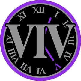 A circular logo featuring the letters VTV in grey over a black clock face with purple Roman numerals and a purple hand.