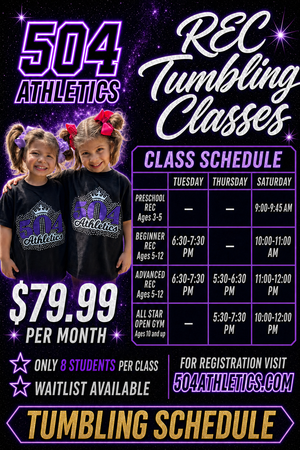 Two cheerleaders in purple and black uniforms with sparkling bows perform on stage in front of a championship banner.