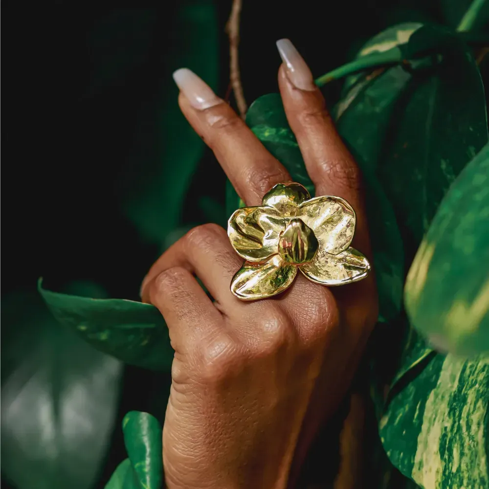 Handmade Orchid Statement Ring | 18k Gold Plated Floral Jewelry