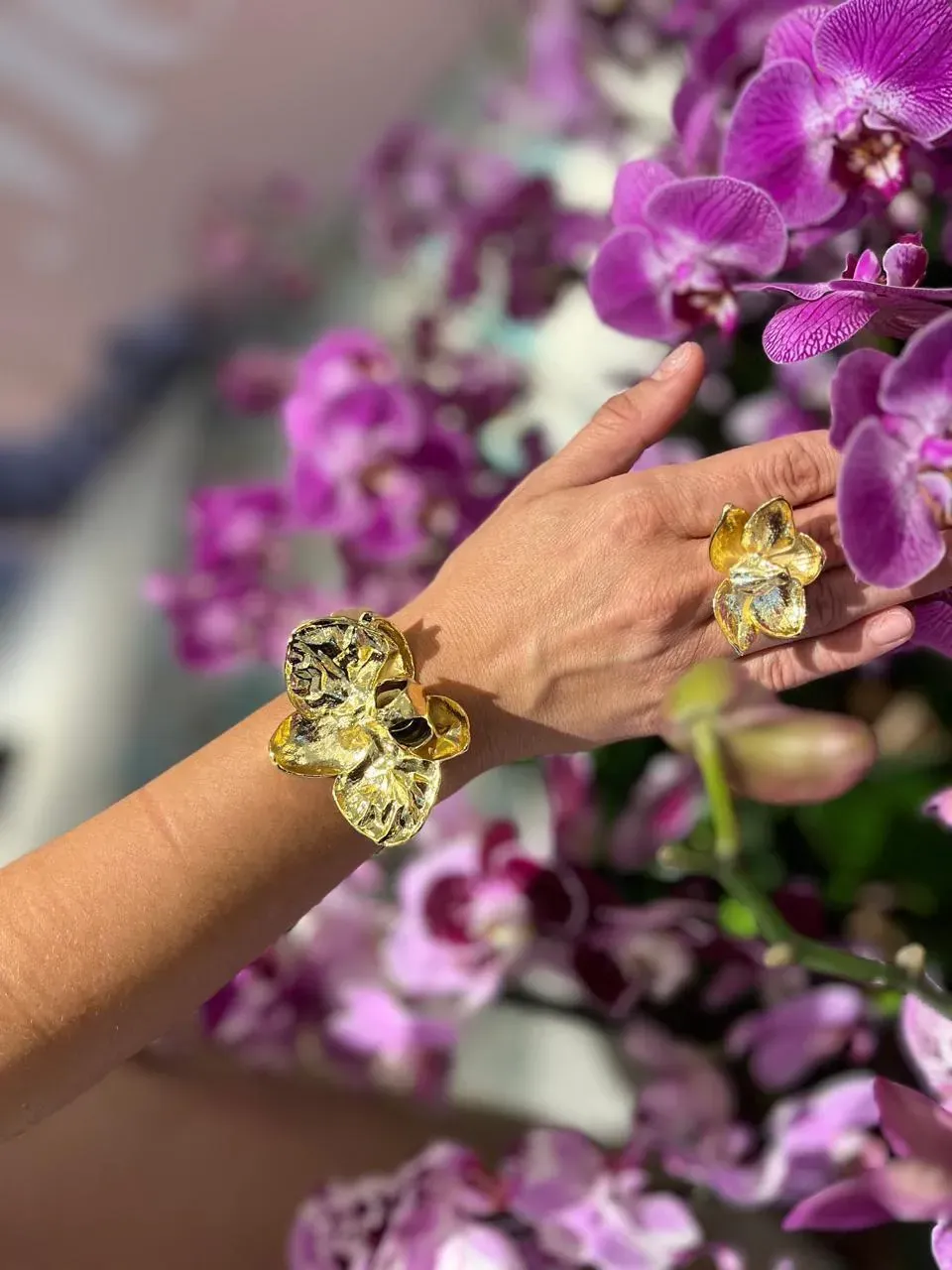 Handmade Orchid Statement Ring | 18k Gold Plated Floral Jewelry