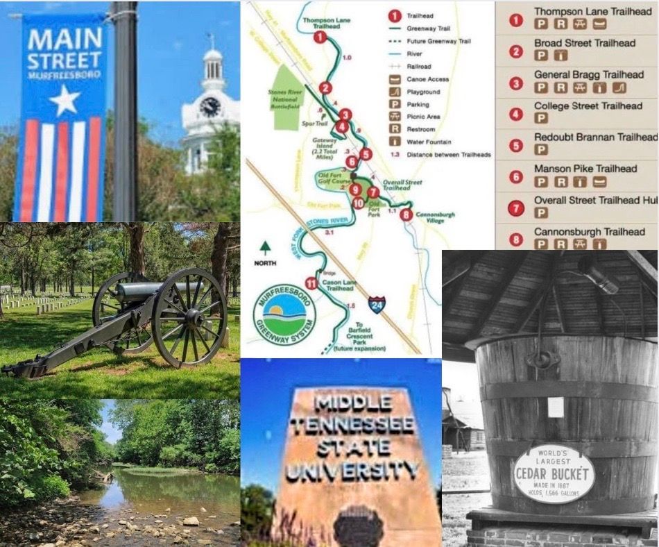 Collage: Murfreesboro, TN. Signs, courthouse, cannon, river, MTSU sign, and a cedar bucket.