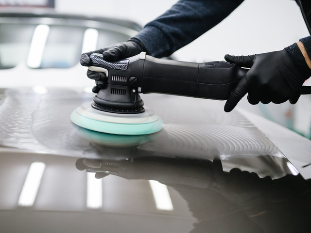 une personne polit une voiture avec une machine.