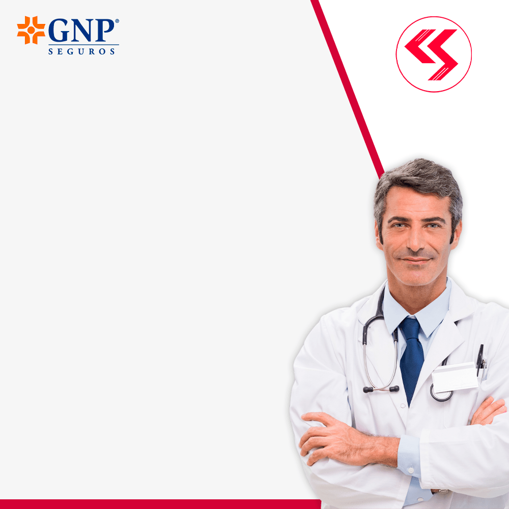 Un médico con los brazos cruzados y el logo del gnp al fondo