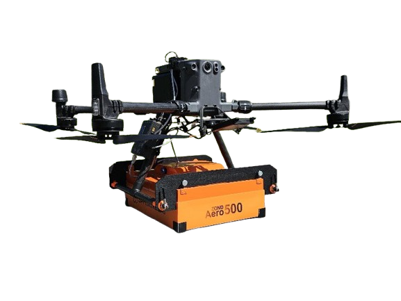 Front view of a drone with a ZOND Aero 500 ground penetrating radar payload