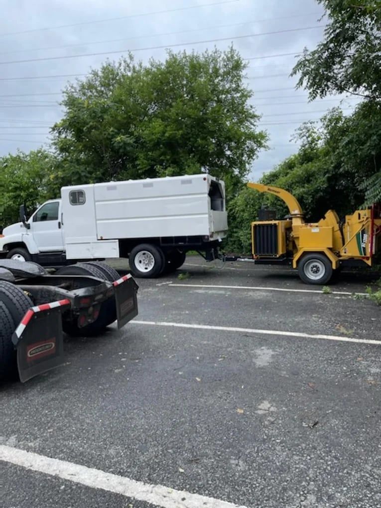 White utility truck and yellow wood chipper on a roadside near a black car under overcast skies.